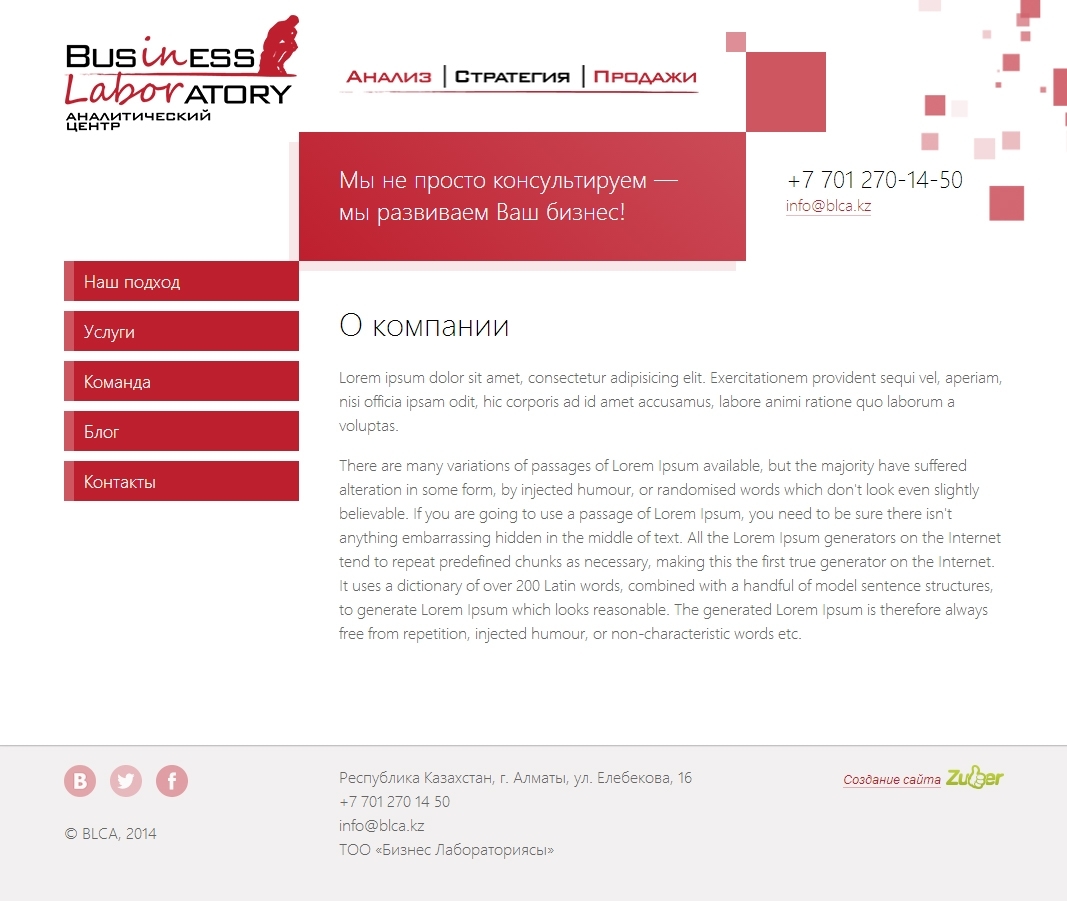 Главная страница сайта, описывающая основную деятельность компании